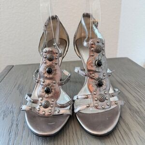 Marc Fisher Womens 10M Pewter Metallic Studded Cabochon Gladiator Stiletto Heels